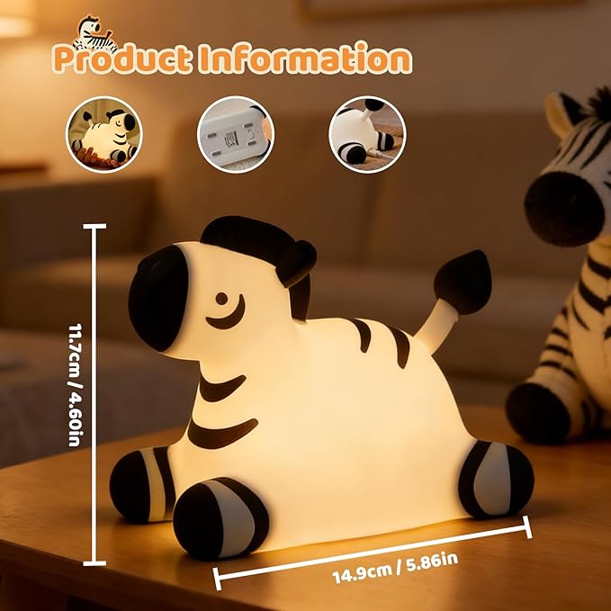 Zebra Silicone Night Light, Kawaii LED Cute Bedside Night Lights Squishy Touch Control USB Rechargeable Dimmable Lamp with Timer for Bedroom Animal Decor Adults Birthday Gifts Party Travel