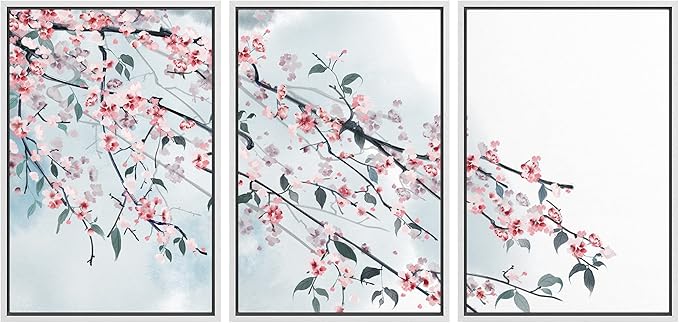 wall26 - 3 Panel Framed Canvas Wall Art - Ink Painting Style Pink Cherry Blossom on The Branch - Giclee Print Gallery Wrap Modern Home Art Ready to Hang - 24"x36"x3 White
