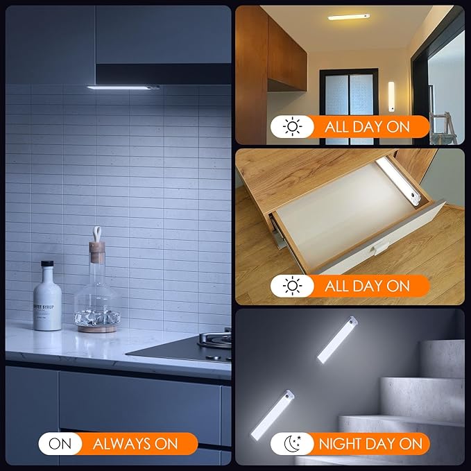 8.5" Under Cabinet Lighting 6 Pack, 3 Colors, Motion Sensor Light Indoor,48 LED Rechargeable Closet Lights, Dimmable Under Counter Lights, Stick-On Magnetic Cabinet Night Lights for Kitchen