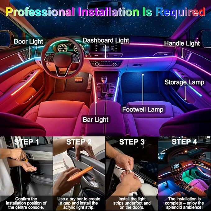 Acrylic Interior Car Ambient Lighting, Interior RGB LED Strip Kit with Music Sync Mode, 55 Inch Length Suitable for Pickup, Trucks, SUV and Large Vehicles (10 in 1)