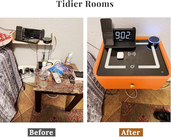 HOMEMORE Floating Nightstand with Charging Station Bedside Table LED Smart Bedside Table Wall Mounted Nightstand Orange