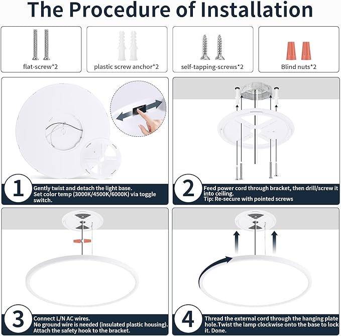 MOONSEA 24 Inch Flush Mount Ceiling Light Fixture 48W - 3000K/4500K/6000K Adjustable Round Large Kitchen Light Fixtures Ceiling 4800lm, Dimmable Light Fixtures for Bedroom, White