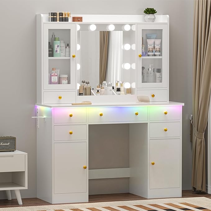 Vanity Desk with Mirror and Lights, 43" White Makeup Vanity Set with 5 Drawers & Glass Cabinets, Makeup Tray, Power Outlet & Adjustable LED Lights, Dressing Table for Women & Girls Bedroom