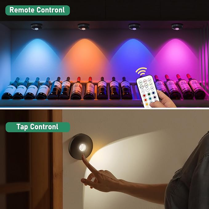 Rechargeable RGB Puck Lights with Remote Control,2000mAh High Capacity Battery Operated RGB Cabinet Lighting,Dimmable Tap Stick On& Magnetic Mount Wireless Closet Light for Kitchen Counter,Shelve