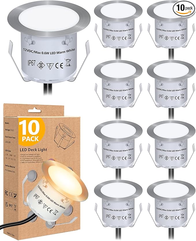 HIBOITEC Recessed LED Deck Light Kits(10 Pack), 12V Low Voltage Landscape Lighting IP67 Waterproof Outdoor Step Stair Lights Warm White Deck Lighting for Garden Yard Steps Stair Patio Floor Decoration