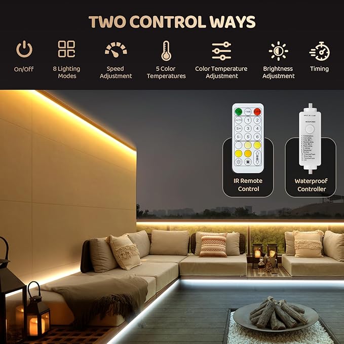 HOUHUI Outdoor White LED Strip Lights Waterproof, 65.6Ft 2700K-6500K Warm to Cool White LED Light Strip with Remote, Tunable White LED Tape Lights IP67 Waterproof for Bedroom Kitchen Backyard RV Patio