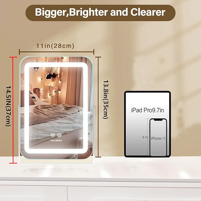Vanity Mirror with Lights, 14.5" Light Up Makeup Mirror, LED Makeup Mirror with Lights for Bedroom Tabletop, Smart Touch Control 3 Colors Dimmable, 360° Rotation
