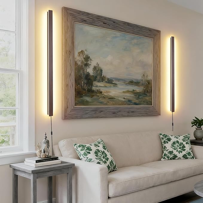 Farmhouse Plug in Long Wall Sconce, 39.3" Faux Walnut Finish LED Wall Lights, 20W Warm White 3000K Acrylic Indoor Wall lamp, with 59" Plug Cable for Bedroom, Living Room, Hallway