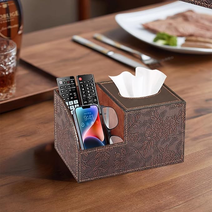 PU Leather Square Tissue Box Cover - Multi-Functional Tissue Box Holder, Tissue Box Cover with Storage,Tissue and Remote Control Holder, Cube Tissue Box Organizer Bedroom Nightstand End Table