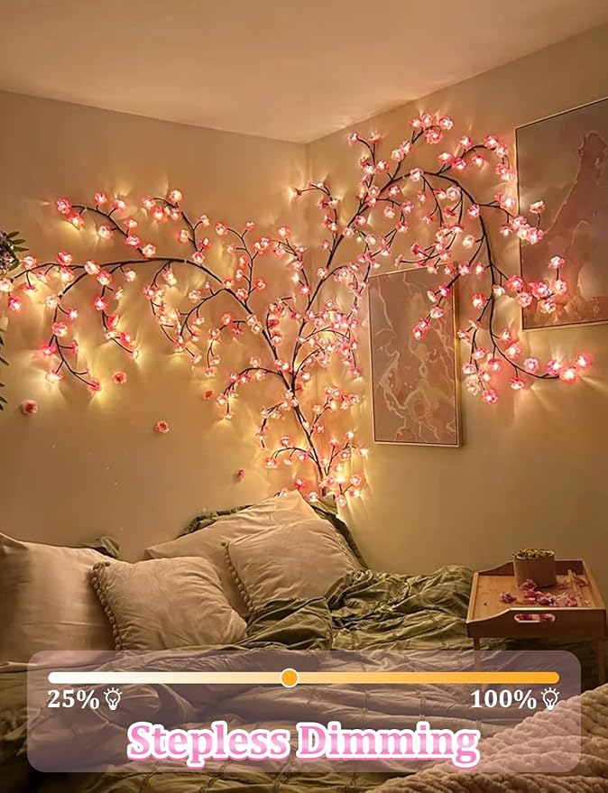 Cherry Blossom Lights for Room Decor Aesthetic,7.55 FT DIY Pink Cherry Blossom Wall Decor with 144 LED Flower Lights,Remote Timer,8 Lighting Modes,Blossom Tree Branch Lights,Vine Lights for Bedroom