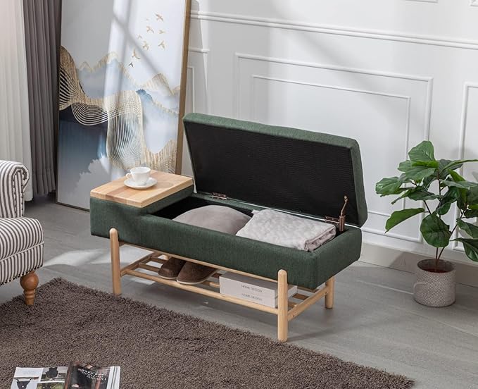 Modern Entryway Storage Bench, Upholstered Shoe Ottoman Bench, Flip-Top End of Bed Bench with Wood Shelf/Coffee Table for Living Room/Bedroom/Hallway/Under Window,46.5 Inches,Green Linen