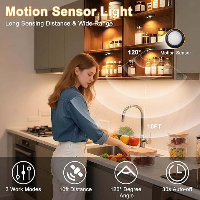 LED Motion Sensor Puck Lights, Rechargeable Under Cabinet Lighting, Dimmable Closet Lights, Magnetic Night Light, Wireless Under Counter Lights for Kitchen, Stairs, Hallway, Warm White, 4Pack, Black