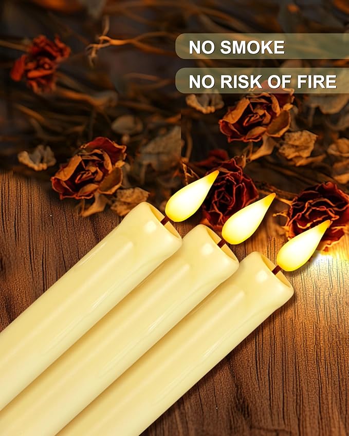 Homemory 3 Pack Flameless Taper Candles, No Remote, Realistic Flickering Battery Operated Candlesticks, Ivory LED Plastic Candle Safe for Weddings, Table Decor, Christmas, and Halloween