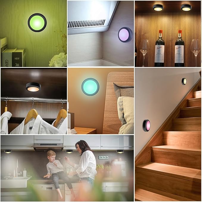 Yiliaw 6 Pack LED Puck Lights Remote Control 16 Color Changeable Under Cabinet Lights, Battery Operated Lights Night Light with Dimmer & Timmer for Closet Bedroom Kitchen, Black