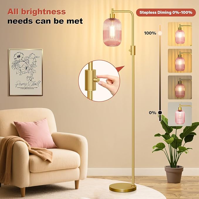 【Upgraded】 Dimmable Glass Floor Lamp for Living Room, Modern Gold Standing Lamp with Pink Ribbed Glass Lampshade & Knob Dimmer, Arc Tall Lamp for Bedroom Office Reading Room, 2700K Led Bulb Included