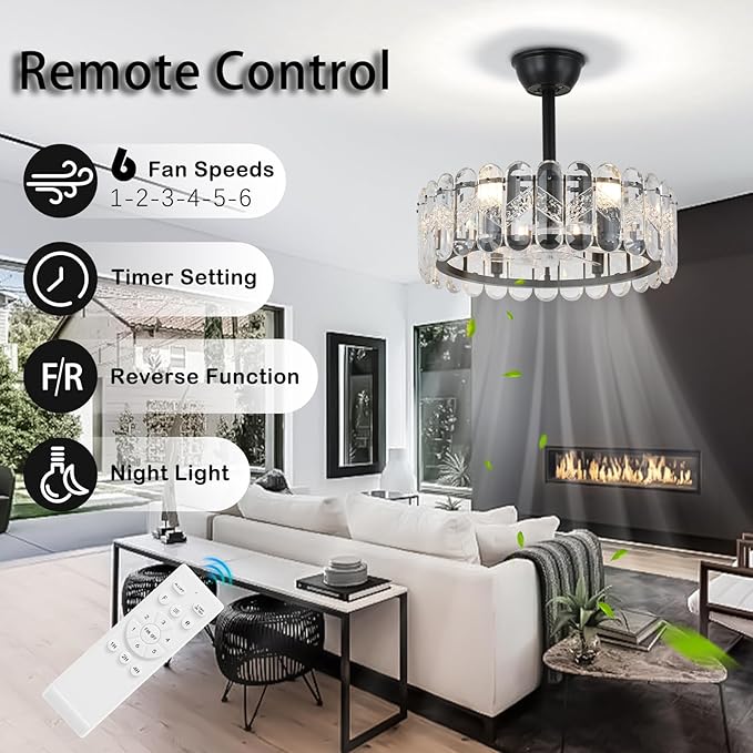Finktonglan 20 Inch Black Caged Ceiling Fan with Light, Modern Chandelier Ceiling Fan with Lights Remote Control, Adjustable Crystal Fandelier 6 Speeds for Dining Room, Living Room