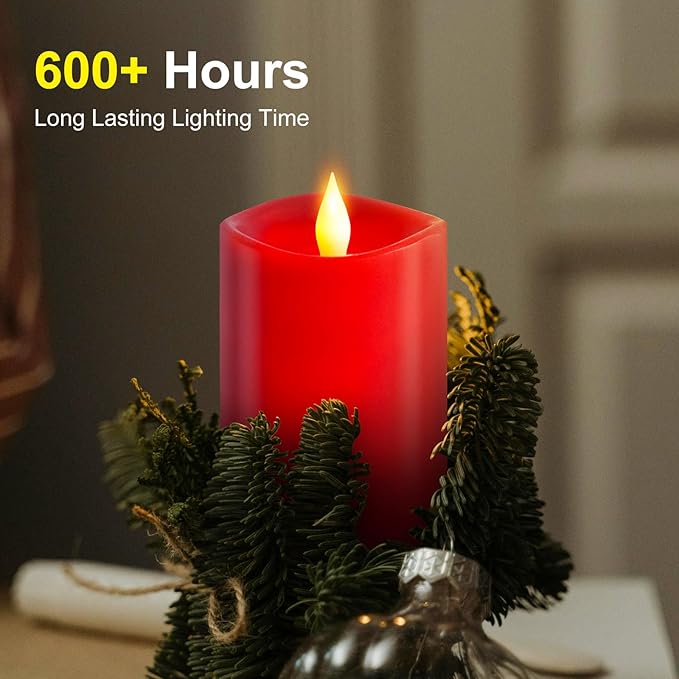 1PCS, 3 x 5 inches Flameless Candle with Remote Control, 3D Flickering Wick, Real Wax Pillar LED Candles, Battery Candles,with Timer,for Holiday Home Decor, Red