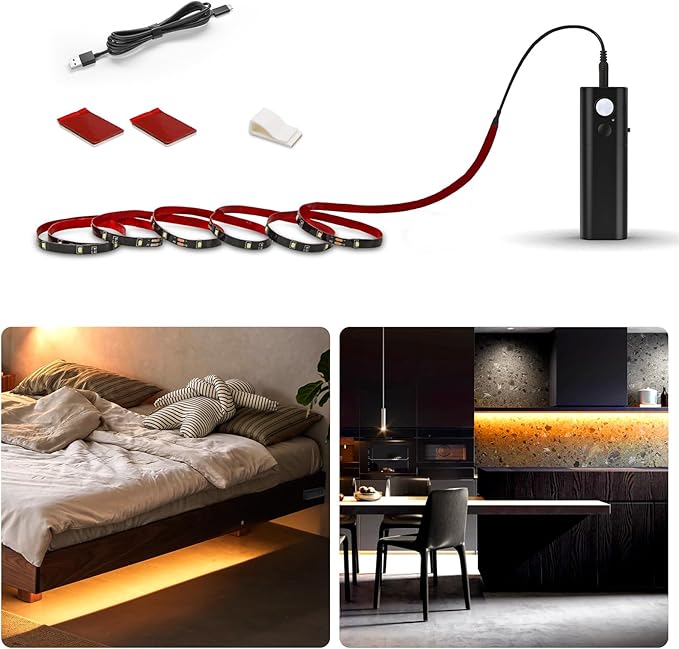 WOBANE Motion Activated LED Strip Light, Rechargeable Magnetic Battery Box with 6.56ft LED Strip,60 LEDs Homelife Sensor Bar for Wardrobe,Stair,Pantry,Counter,Cabinet,Bed,Door,2700K Warmwhite,Black