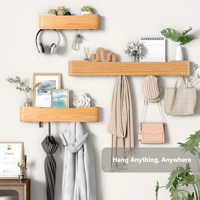 Coat Rack Wall Mount Entryway Organizer Modern Key Holder Wall Mount with Wooden Shelf Entryway Hooks for Bedroom Kitchen Hallway Bathroom for Hanging Coats Hats Dog Leashes Bags Towels