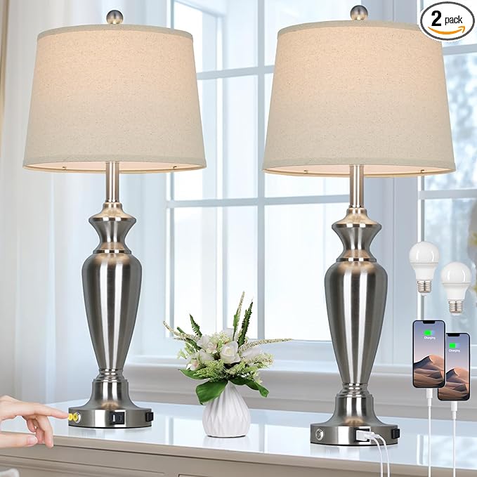30" Tall Silver Table Lamps Set of 2 for Living Room, 3-Way Dimmable Touch Control Bedside Lamps for Bedroom Nightstand with USB A+C Ports & AC Outlet (2 LED Bulbs Included)