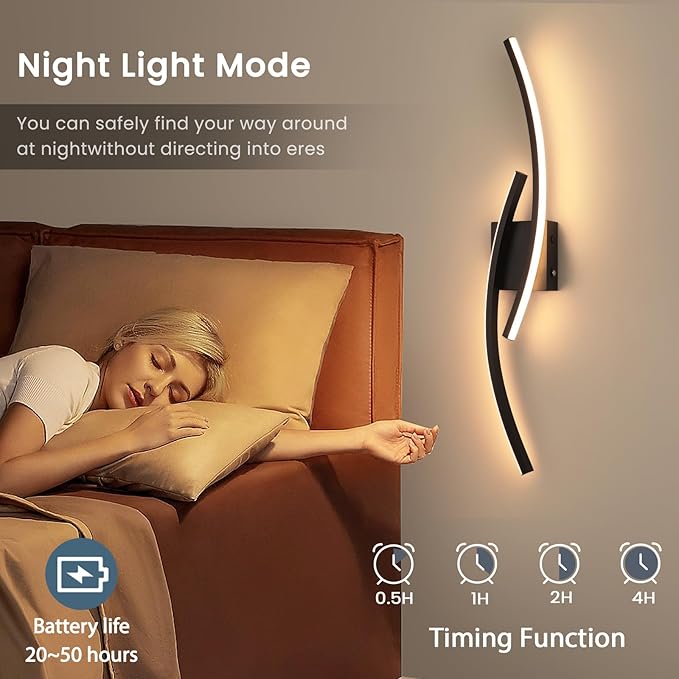 Battery Operated Wall Sconce Set of 2,Black Wall Sconces with Remote Control,3000K-6000K Modern LED Wireless Wall Light for Living Room, Hallway, Bedroom, 39.3 Inch (2 Pack)