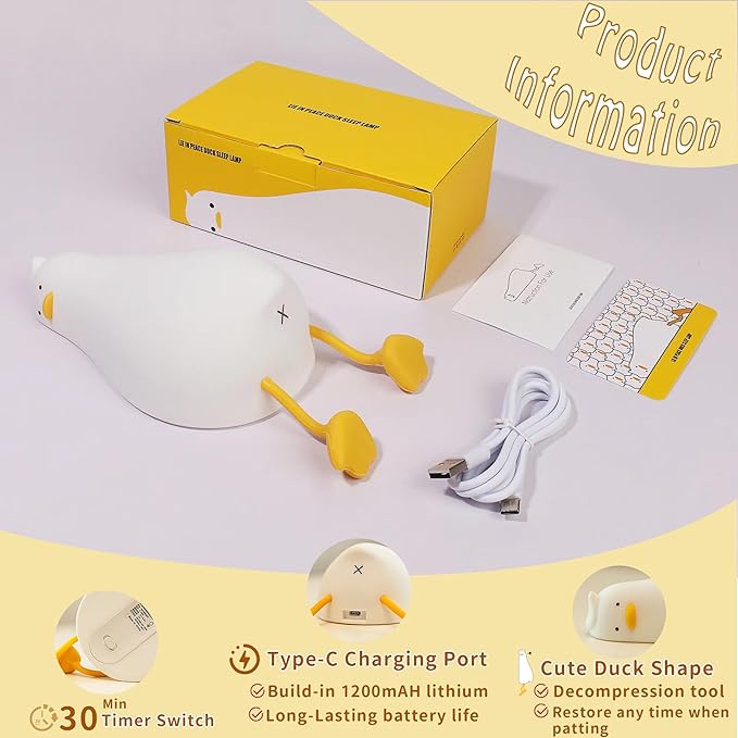 Lying Flat Duck Night Light, Cute Silicone Light Up Duck, 3 Level Dimmable Nursery Nightlight, LED Duck Lamp, Rechargeable Bedside Touch Lamp for Breastfeeding Toddler Baby Kids Decor