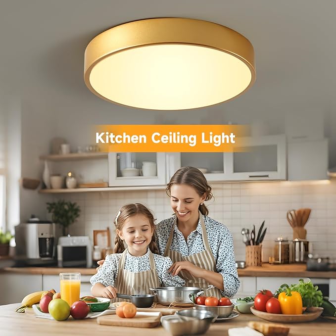 LED 12 in Round Flush Mount Ceiling Light Gold 24W 2700K-5000K,Thyristor Dimmable,Metal Gold Ceiling lamp and is Ideal for hallways,Kitchens,bedrooms, corridors,Children's Rooms 3 Pack