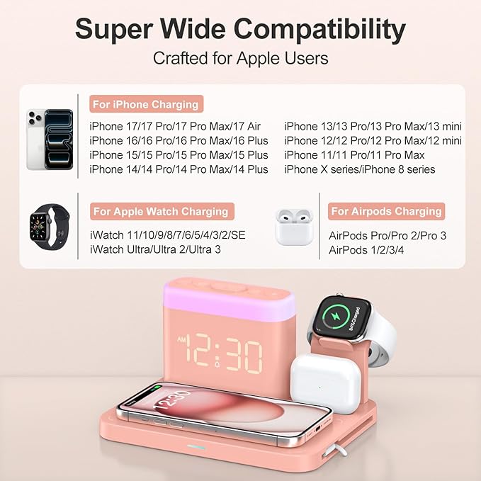 ANJANK 5 in 1 Wireless Charging Station with Alarm Clock,7 Night Light & 0-100% Dimmer,Qi Mag-Safe Charger Stand for Apple Devices - for iPhone 17 16 15 14 13 12 Pro Max Plus Air,Apple Watch,Airpods