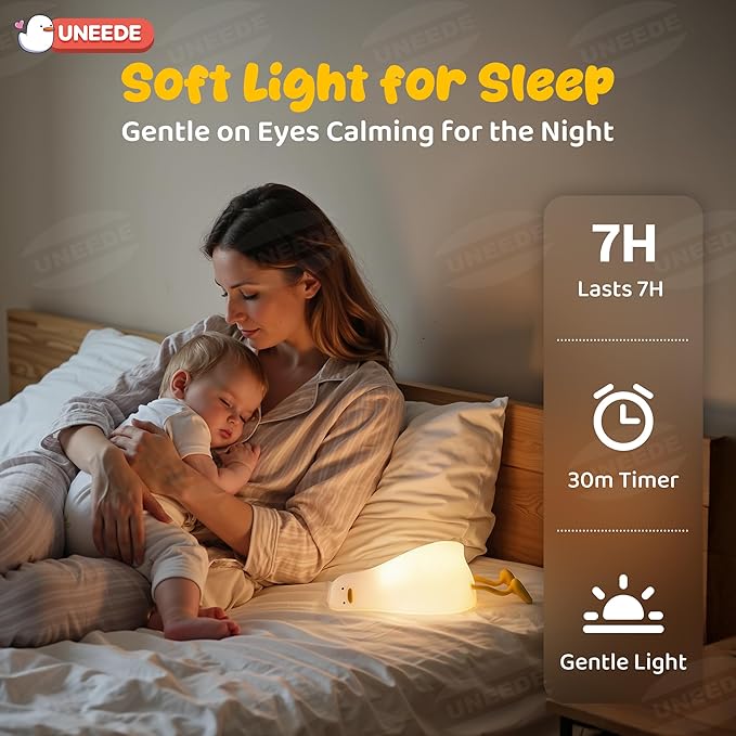 UNEEDE Lying Flat Duck Lamp, 3 Level Dimmable Rechargeable Silicone Night Light, Benson Duck Cute Squishy Touch Sensor Bedside Lamp for Nursery, Breastfeeding, Kids Room Decor