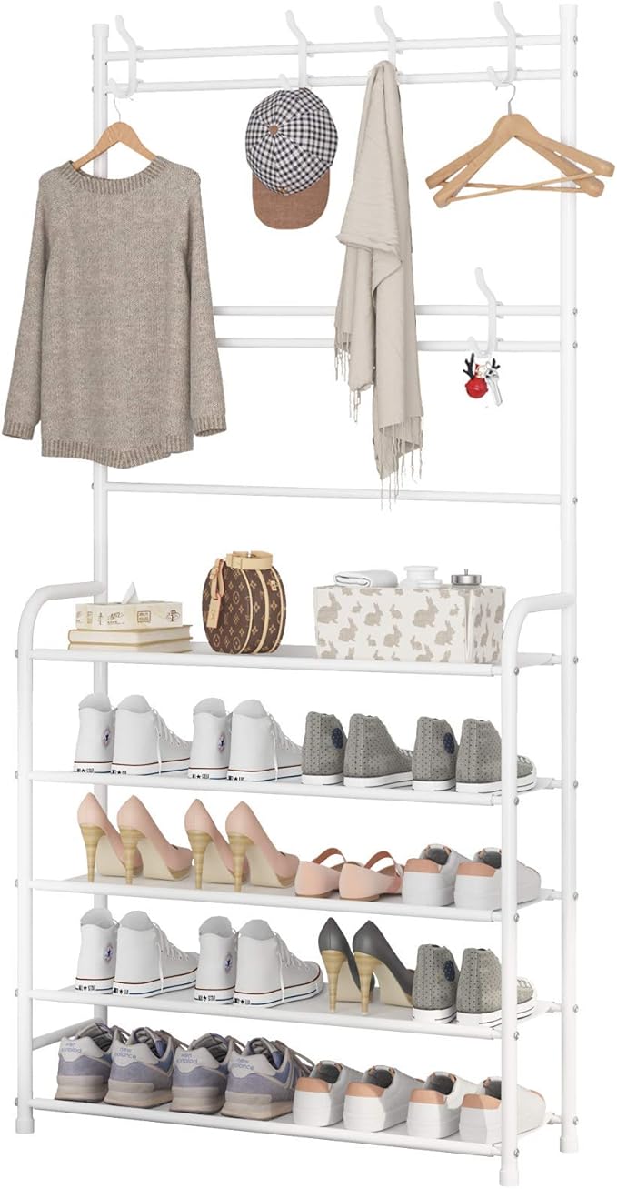 UDEAR Entryway Coat Rack,3-in-1 Hall Tree Multifunctional Storage Shelf with 5-Tier Shoe Bench and 8 hooks,20-25 Pairs of Shoes,Easy Assembly,for Entrance Foyer Bedroom Barthroom,White