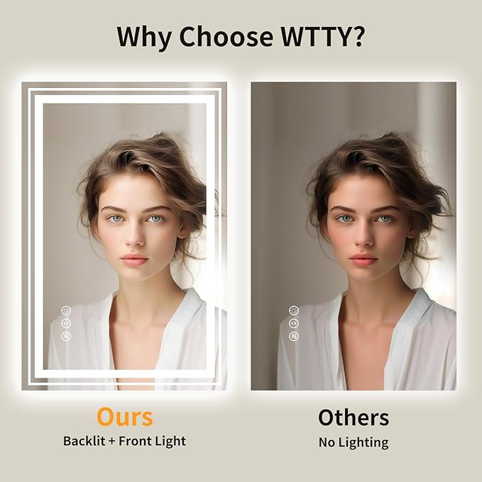 WTTY LED Bathroom Mirror with Backlit and Front Light,24"x32",Stepless Dimmable LED Mirror for Bathroom,Anti-Fog Lighted Bathroom Vanity Mirror Modern for Wall,Memory Function,Shatter-Proof