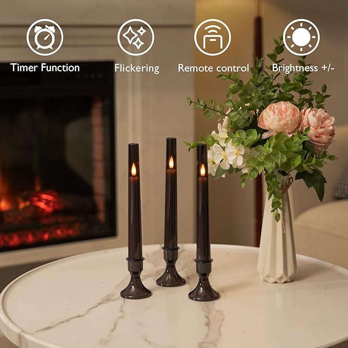 Homemory 6 Pcs Flameless Taper LED Candles with Remote and Timer, 3D Wick Flickering, Window Candles with 2 Light Modes, Battery Operated for Xmas Wedding Decor, 9.6 Inch, Black