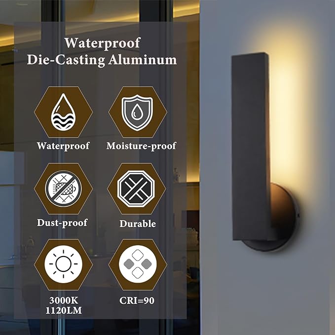 Aluminum LED 18W Modern Wall Sconces Set of 2 Matte Black Waterproof Sconce Wall Lighting Indoor Outdoor Hardwired Wall Lights for Office,Porch, Bedroom, Bathroom, Living Room,Stairway