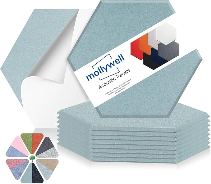 Mollywell Hexagon Acoustic Panels 14x12 - Reduce Echo & Reverb, Noise Blocking Wall Tiles for Studio & Home Office, Smoke Green Sound Absorbing Panels