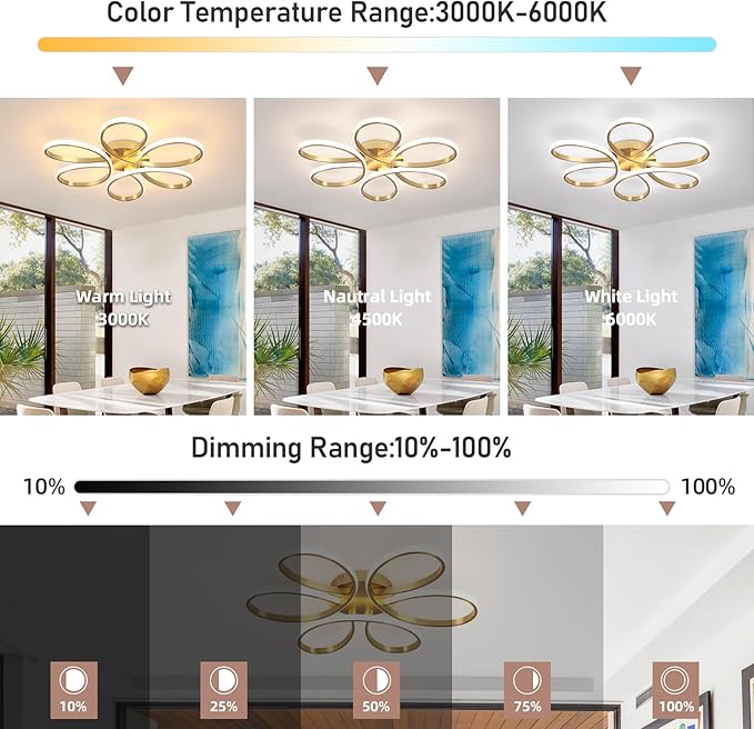 26inch Modern LED Ceiling Light, 6 Rings Flower Flush Mount Light Fixture with Remote Control Gold Dimmable Ceiling Lamp for Bedroom, Dining Room, Hallway, Kitchen
