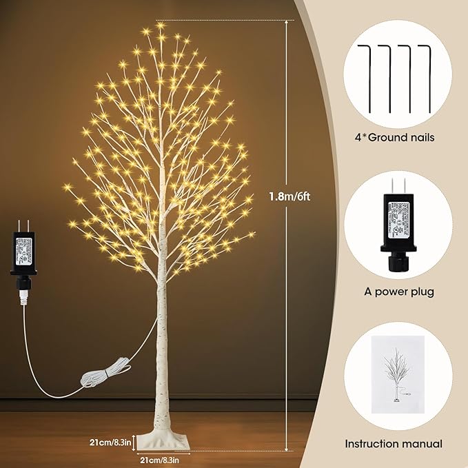 6FT Lighted Birch Tree with 144 LED Lights, Artificial Light Up Tree, Decorative Light Trees for Indoor Home Decor, Wedding Party, Christmas Holiday Floor Lamp