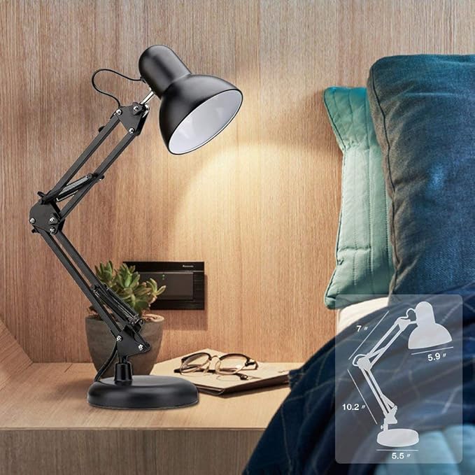 PowerKing Metal Swing Arm Desk Lamps, Adjustable and Flexible, Feading with Base and Clip 2-in-1 Function, Fit E26&E27 Bulbs Base, Application in Bedroom Living Room, Office Home (Black)