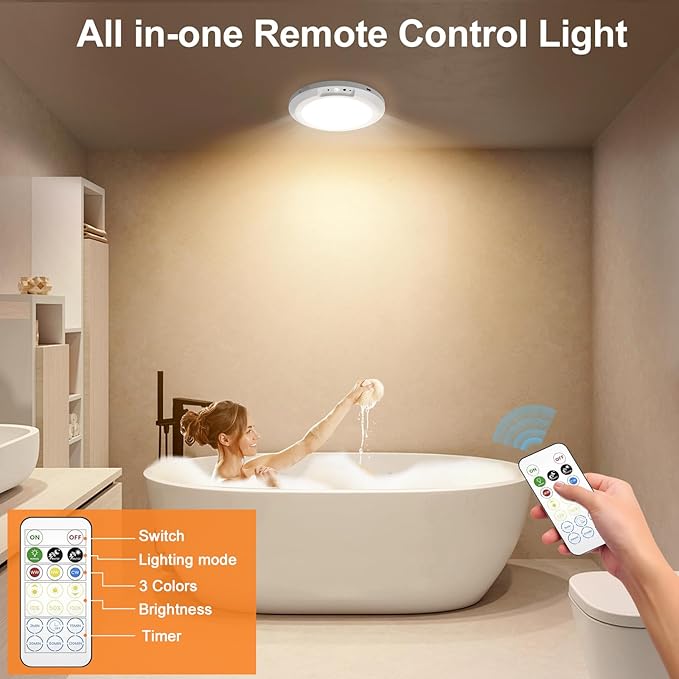 2 Pack Rechargeable Ceiling Light with Motion Sensor: Battery Operated LED Closet Light with Remote & Timing - Wireless Dimmable Magnetic Mount Shower Lamp for Bathroom/Stairs/Garage/Hallway