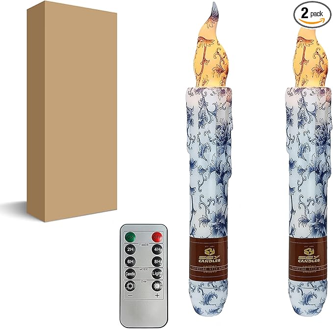 Blue and White Porcelain Flameless Short Taper Candles, Drip LED Battery Operated with Remote, Flickering Flame Lights for Home Décor, 6.7 Inch Primitive Flameless Print Candles, 2PCS