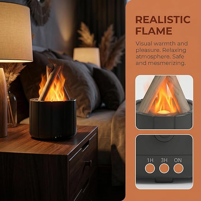 Aesthetic Campfire Essential Oil Diffuser, USB Rechargeable Wood Stack Humidifier with Remote, 7-Color Flame Light, Portable Aroma Diffuser for Home Office Decor, Unique Zen Gift (1, Black)