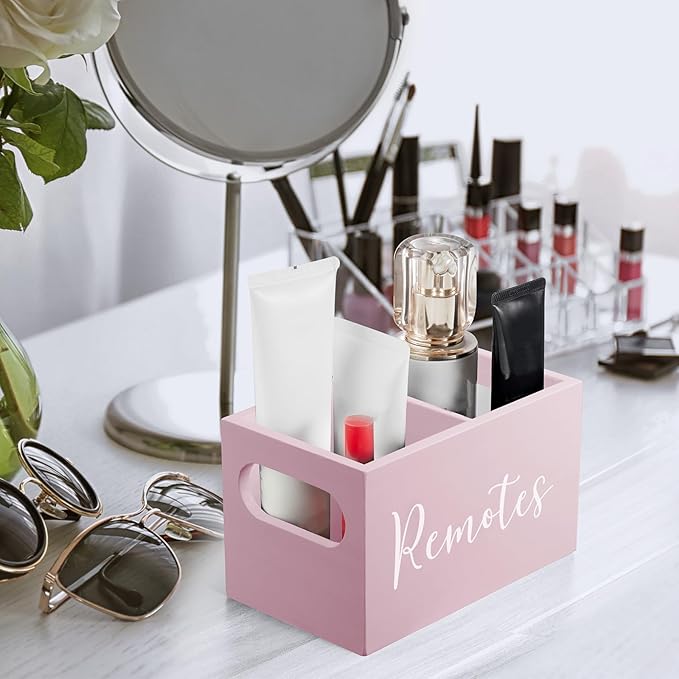DRASTAR Remote Holder and Organizer - TV Remote Caddy for Table, Wooden Storage Organizer with Pink Accessories