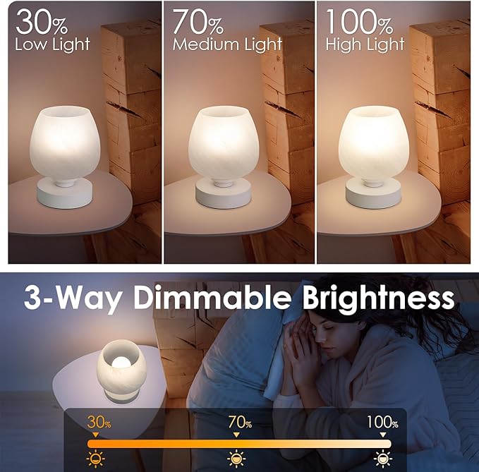 Soilsiu Bedside Table Lamp - Touch Small Lamp for Bedroom Nightstand, 3-Way Dimmable, White Opal Glass Shade, Warm LED Bulb Included