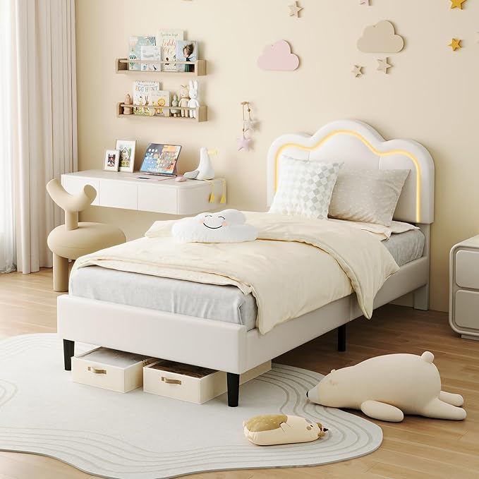 GarveeHome Twin Upholstered LED Bed Frame with Headboard, PU Leather Princess Platform Bed Frame for Kids, Wooden Slats Support, No Box Spring Needed (Cream)