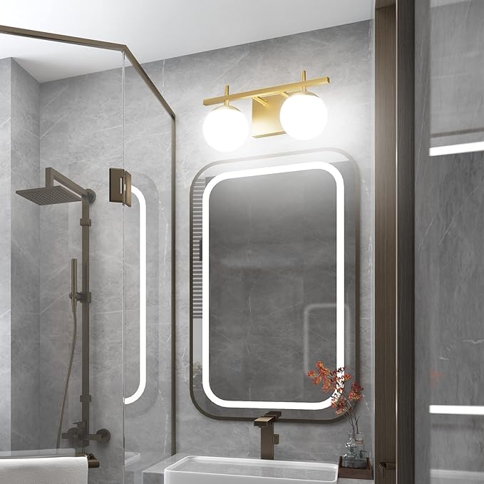 Ralbay 2-Light Gold Vanity Light Mid Century Modern Bathroom Vanity Light Fixture Milky Glass Globe Bathroom Wall Light Fixtures Gold 2 Light