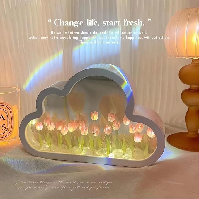 DIY Cloud Tulip Mirror Night Light, Simulation Flower Bedroom Cloud Tulip Table Lamp, Creative Home Decoration, Room Decor for Teen Girls(Pink)
