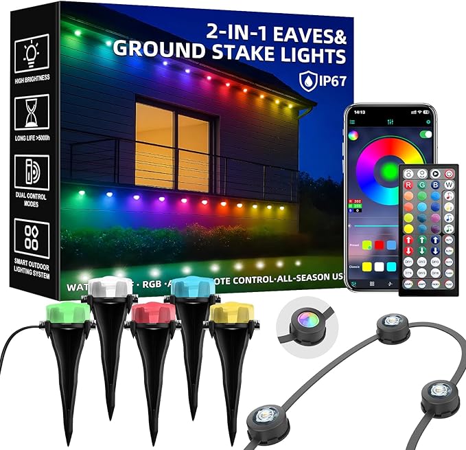 50FT Permanent Outdoor Lights, Waterproof 2-in-1 Eaves & Ground Stakes LED String Lights with App/Remote Control for House, Garden– Smart Color-Changing Lighting for Halloween Christmas Decorations