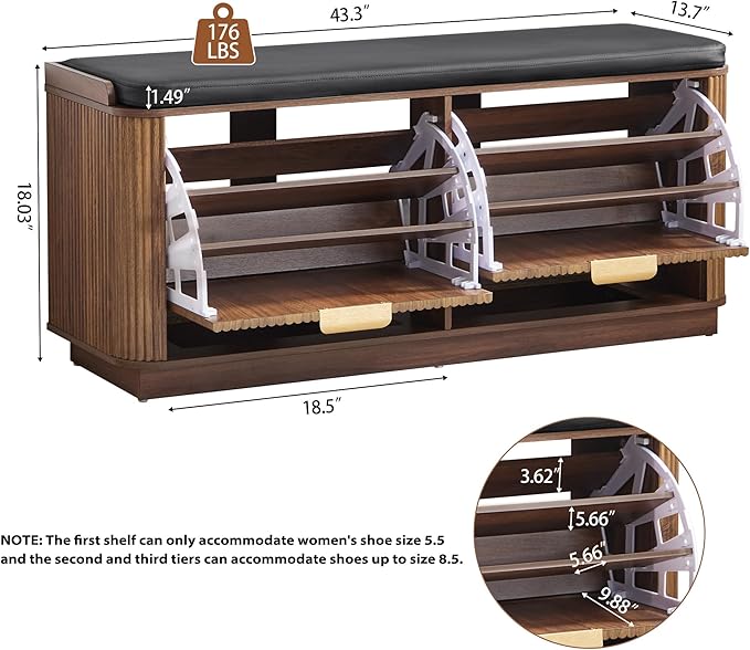 43.3''W Fluted Shoe Rack Bench with 2 Flip Drawers, Entry Bench Seat with 3-Tier Shoe Storage and Leather Cushion, Shoe Organizer Bench for Entryway, End of Bed, Living Room, Hallway - Walnut