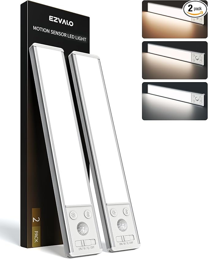 EZVALO 10inch Under Cabinet Lighting, 2500mAh Rechargeable Motion Sensor Lights Indoor with 3 Color Temps, 2 Pack Magnetic Closet Light, 80 LED Dimmable Under Counter Lights for Kitchen, Shelf, Stair
