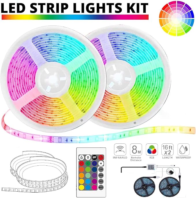 WBM SMART LED Strip Lights, LED Lights for Bedroom, 32 ft Long, 3M Strong Adhesive, Cutable LED Lights with IR Remote Controller