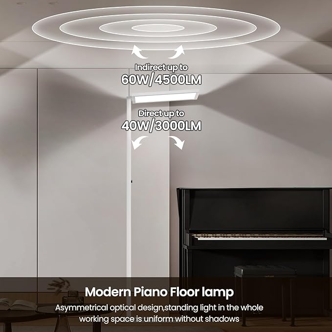80" LED Floor Lamp Modern, 7500LM Dimmable Eye-Care Tall Reading Light, 100W Full Spectrum Dual Light Source Standing Piano Lamp 4000K Bright Lighting for Office, Home - White